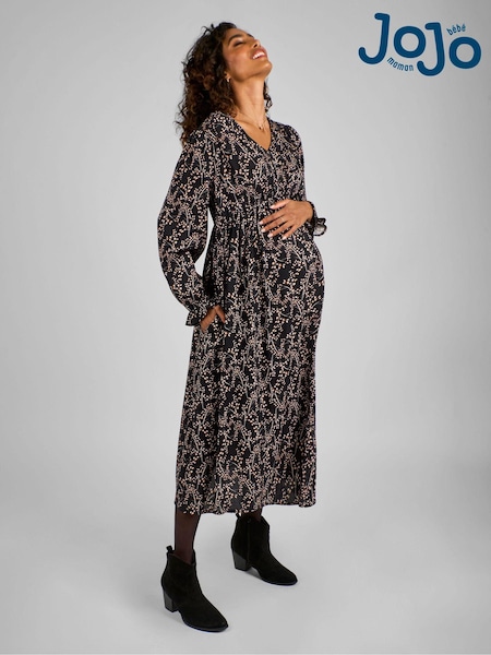 JoJo Maman Bébé Black Floral V-Neck Maternity Midi Dress (B14629) | €79