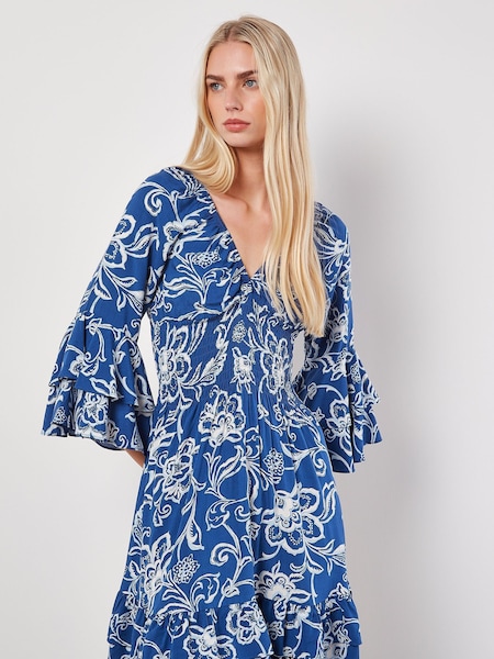Apricot Blue Floral Sarasa Deep V Short Dress (B14748) | €50