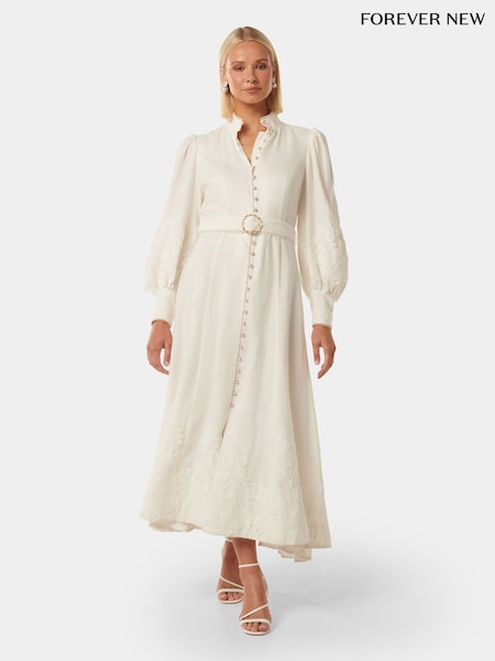 Forever New White Pure Linen Allegra Lace Detail Midi Dress (B14763) | €133