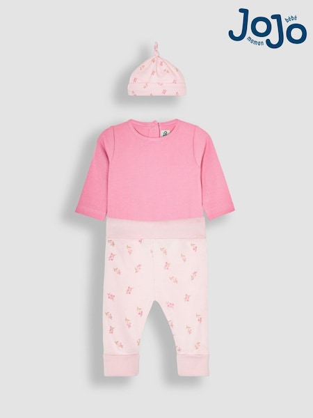JoJo Maman Bébé Pink 3-Piece Rib Body, Floral Trousers & Hat Set (B14923) | €47