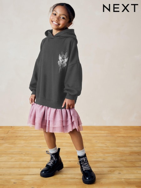 Charcoal Grey/Pink 2-in-1 Long Sleeve Hooded Sweat Dress with Mesh Skirt (3-16yrs) (B14953) | €22 - €28
