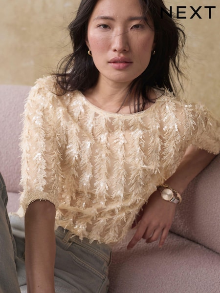 Cream Sequin Sheer Fluffy Quarter Sleeve Top (B14988) | €38
