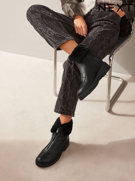 Black Standard/Wide Fit Forever Comfort® Faux Fur Collared Zip Ankle Boots (B15100) | €15