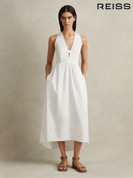 Reiss White Yana Petite Cotton Blend High-Low Midi Dress (B15162) | €215