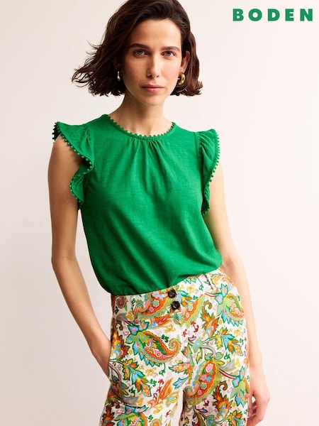 Boden Green Pom Trim Ruffle Sleeve Top (B15176) | €25