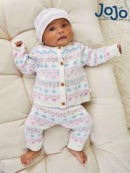 JoJo Maman Bébé Cream 3 Piece Fair Isle Pattern Baby Knit Cardigan, Trousers & Hat Set (B15230) | €45
