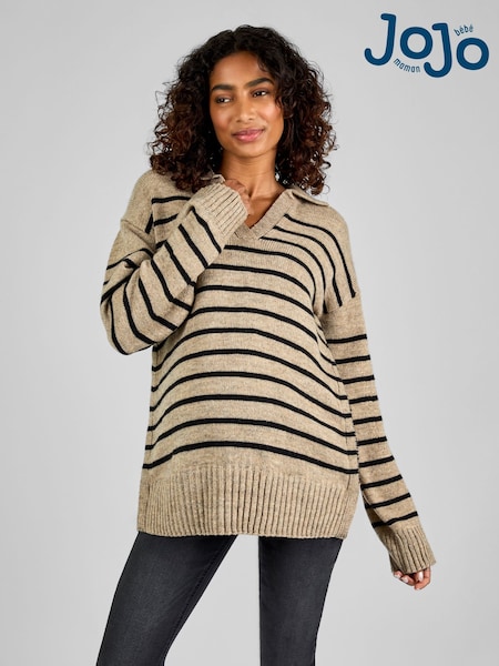 JoJo Maman Bébé Oatmeal & Black Stripe Collared Maternity & Nursing Jumper (B15255) | ₪199