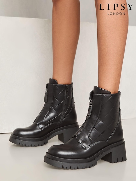 Lipsy Black Chunky Casual Biker Zip Faux Leather Ankle Boot (B15364) | AED151