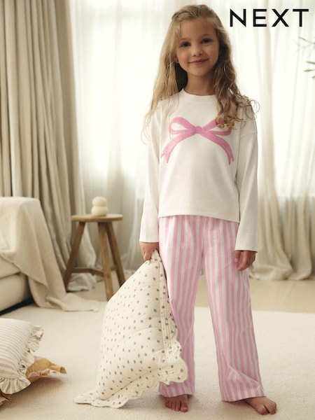 Pink Bow Detail Long Sleeve 100% Cotton Pyjamas Set (9mths-16yrs) (B15373) | AED53 - AED78