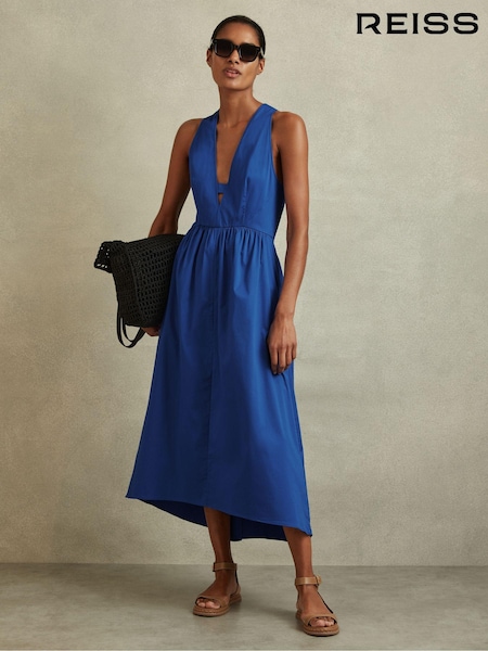 Reiss Cobalt Blue Yana Petite Cotton Blend High-Low Midi Dress (B15391) | €125