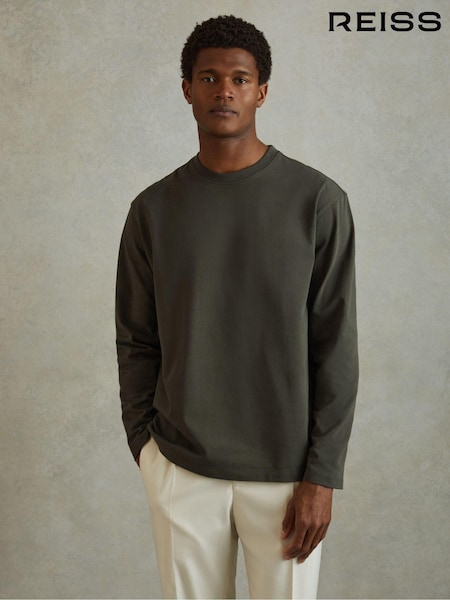 Reiss Khaki Cube Cotton Crew Neck Long Sleeve T-Shirt (B15419) | €88