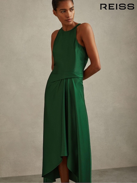 Reiss Green Micah Petite Satin Drape Tuck Midi Dress (B15439) | $285