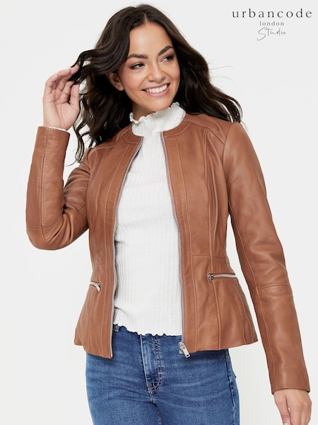 Urban Code Brown Petite Collarless Leather Jacket (B15491) | €228