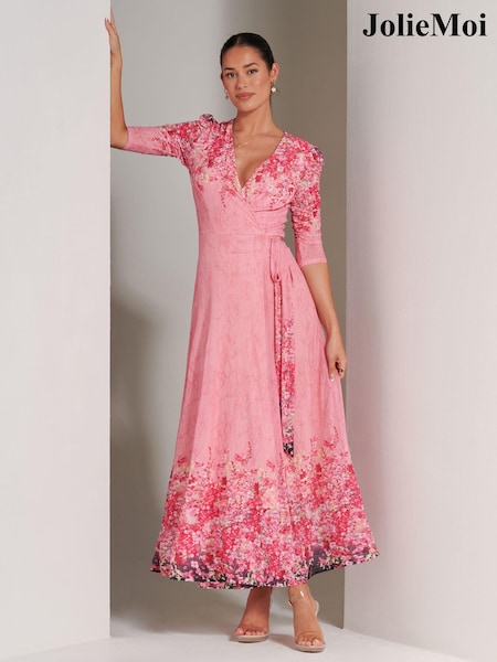 Jolie Moi Pink Peggy Ruched Sleeve Wrap Mesh Maxi Dress (B15526) | ₪397