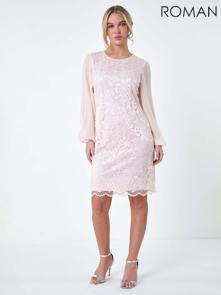 Roman Pink Pleated Sleeve Lace Shift Dress (B15581) | AED218
