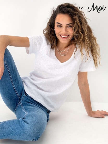 Valkoinen - Pour Moi Niamh Broderie anglaise Jersey V-kaula-aukko 100% Cotton T-paita (B15779) | €46