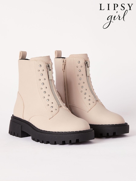 Lipsy Stone Chunky Studded Zip Front Faux Leather Ankle Boot (B15900) | AED97