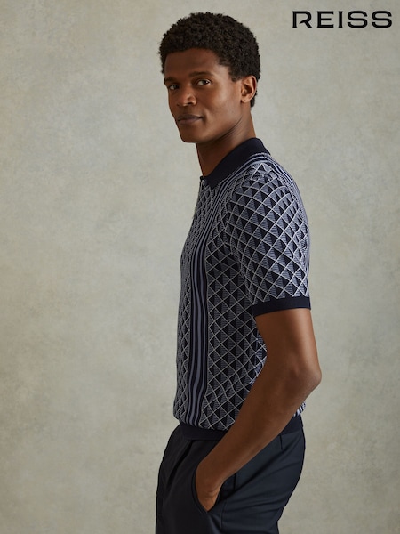 Reiss Navy Sanderson Half-Zip Diamond Stitch Polo Shirt (B16003) | €67