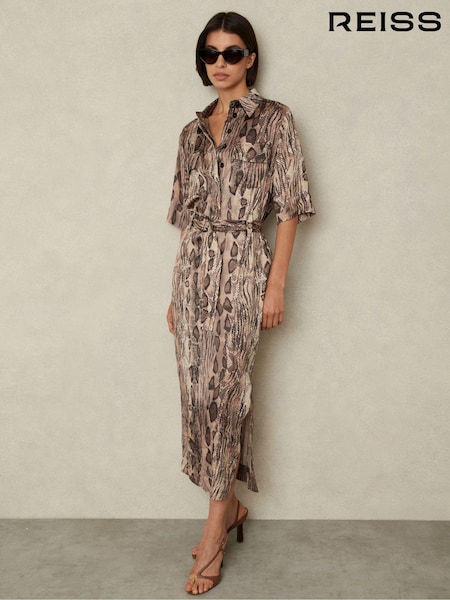 Reiss Neutral Farah Snake Print Belted Midi Dress (B16030) | €95