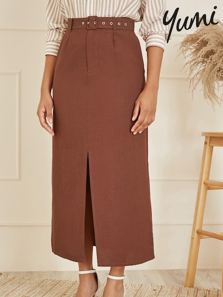Yumi Brown 100% Cotton Midi Skirt With Belt And Split Hem (B16031) | €34