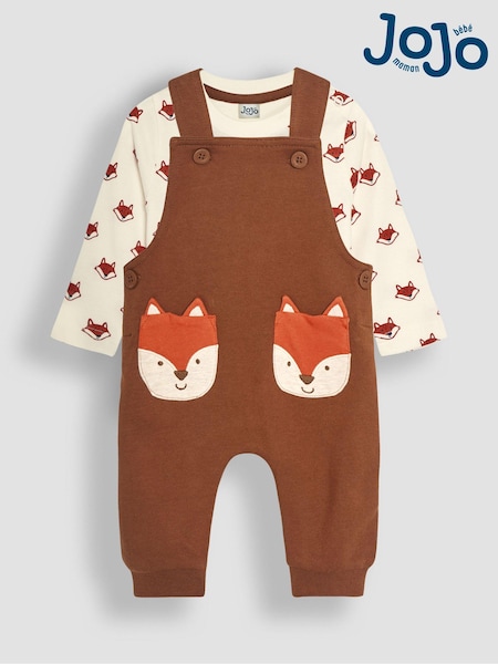 JoJo Maman Bébé Toffee Brown Fox Appliqué Pocket Dungarees and Top Set (B16033) | €43