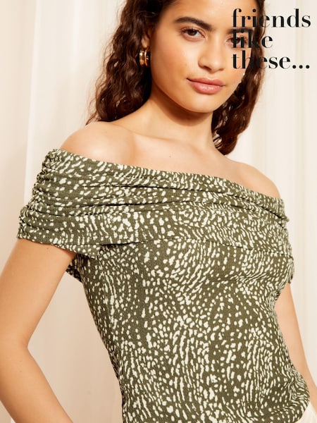 Friends Like These Khaki Green Flocked Bardot Non Spot Khaki Blouse (B16041) | €20