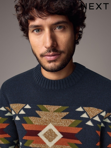 Navy Blue Crew Neck Regular Fit Navajo Style Jumper with Wool (B16116) | 94 QAR