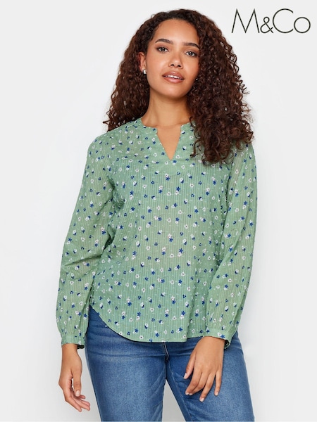 M&Co Green 100% Cotton Floral Print Dobby Blouse (B16194) | €17.50