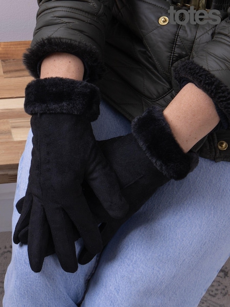 Totes Black Isotoner Ladies One Point Suede Winter Gloves with Faux Fur Cuff Detail (B16223) | € 31