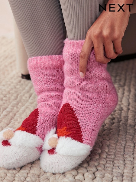 Roze kerstfiguur - 1 Paar grofgebreide pantoffelsokken (B16252) | € 11