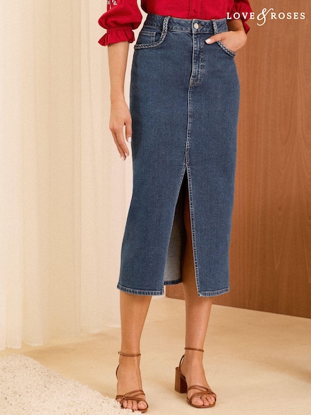 Love & Roses Denim Plait Pocket Midi Skirt (B16272) | 157 LEI
