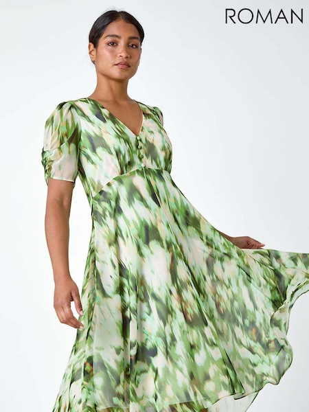 Roman Green Abstract Print Hanky Hem Chiffon Dress (B16320) | 287 QAR