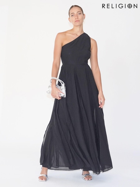 Religion Black Sheer One Shoulder Maxi Dress With Full Skirt (B16355) | 495 QAR