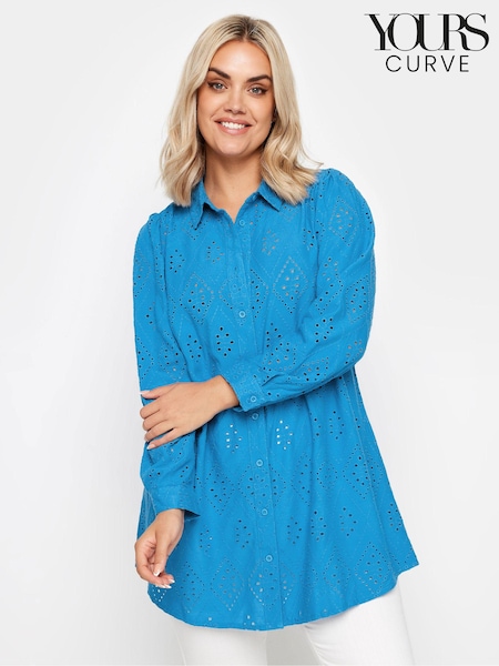 Yours Curve Blue 100% Cotton Anglaise Shirt (B16443) | AED181