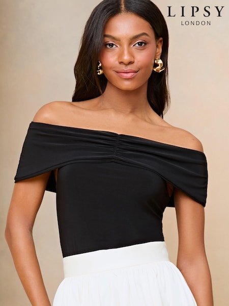 Lipsy Black Ruched Front Bardot Top (B16526) | €12