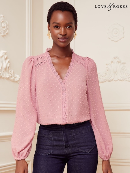 Love & Roses V Neck Lace Trim Dobby Blouse (B16581) | €23