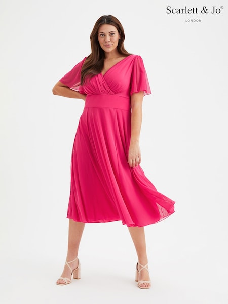 ורוד - Scarlett & Jo Victoria Angel Sleeve Mesh Midi Long Dress (B16661) | ‏402‏₪