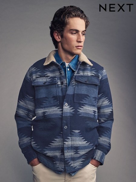 Navy Blue Borg Lined Pattern Shacket (B16712) | €74