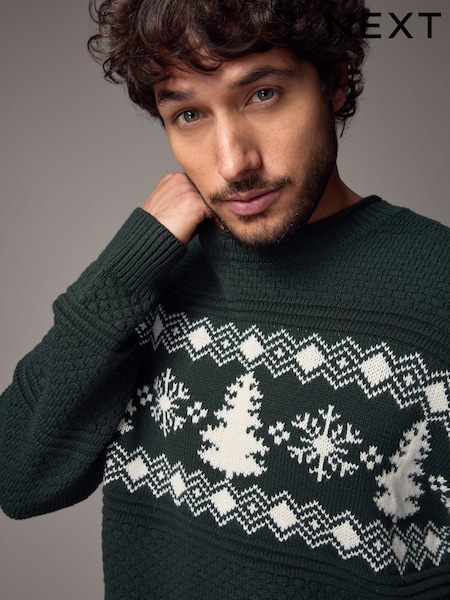 Dark Green Fairisle Pattern Crew Neck Regular Fit Christmas Jumper (B16714) | AED87