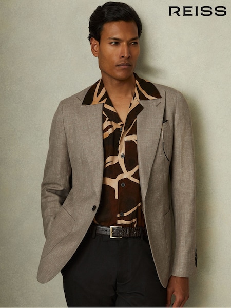 Reiss Mid Brown Clutch Wool Blend Textured Slub Single Breasted Blazer (B16768) | €454
