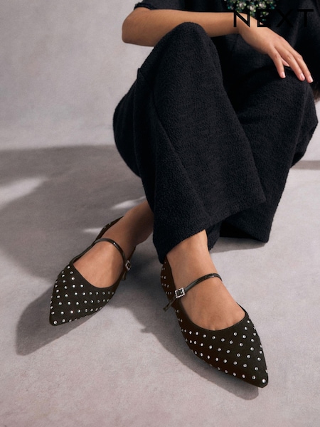 Black Tabitha Simmons Hai Studded Point Toe Mary Jane Leather Shoes (B16770) | AED157