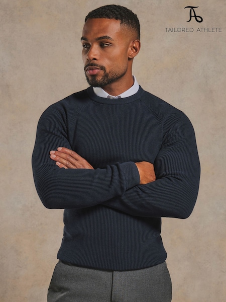 Bleu - Regular Tailored Athlete Muscle Fit Pure Cotton Knitted Textured Crew Neck Jumper