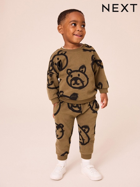 Khaki Green Spray Bears All-Over Print Character Sweatshirt and Joggers Set (3mths-7yrs) (B17053) | AED60 - AED74
