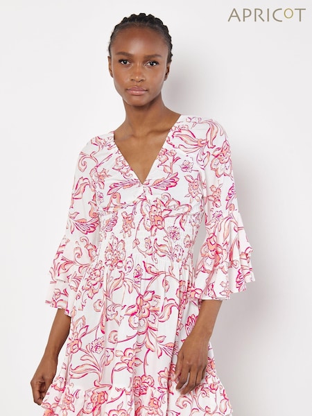 Apricot Pink Floral Sarasa Deep V Short Dress (B17165) | €50