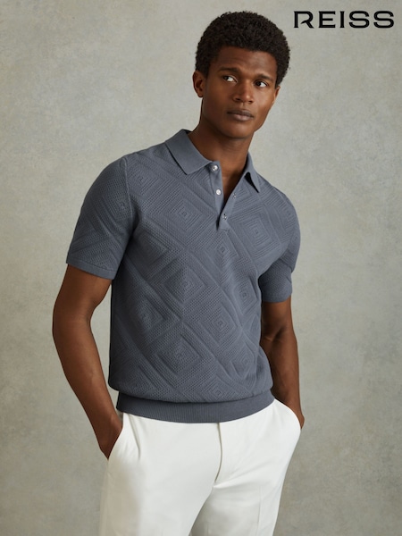 Reiss Airforce Blue Lupton Cotton Textured Press-Stud Polo Shirt (B17232) | €70