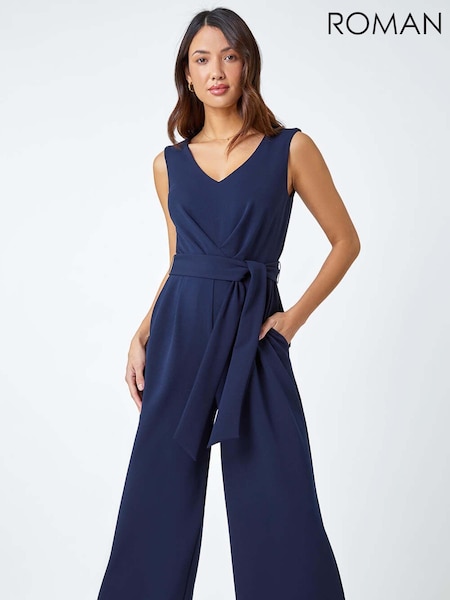 Roman Blue Pleat Detail Wide Leg Stretch Jumpsuit (B17268) | €34