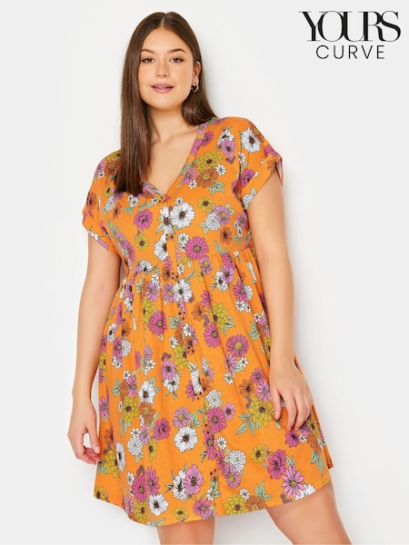 Yours Curve Orange YOURS Curve Orange 100% Cotton Floral Print Button Front Smock Dress (B17541) | ₪141