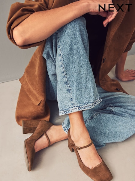 Tan Brown Forever Comfort® Leather Square Toe Block Heel Mary Jane Shoes (B17565) | €41