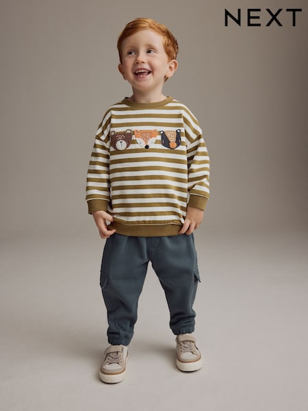 Green/Ecru Stripe Sweatshirt and Utility Joggers 2 Piece Set (3mths-7yrs) (B17571) | R$ 195 - R$ 235