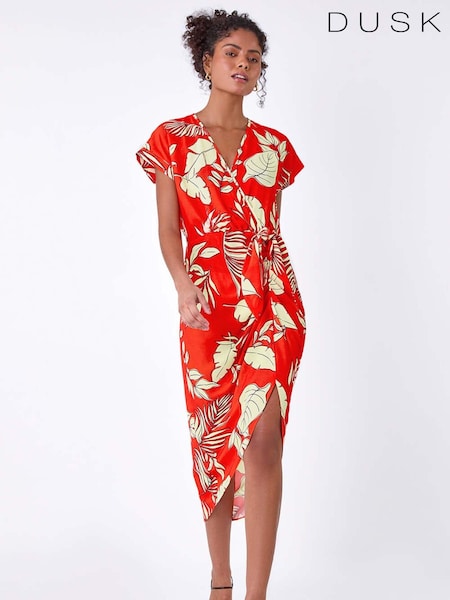 Dusk Orange Floral Wrap Tie Detail Dress (B17618) | €60
